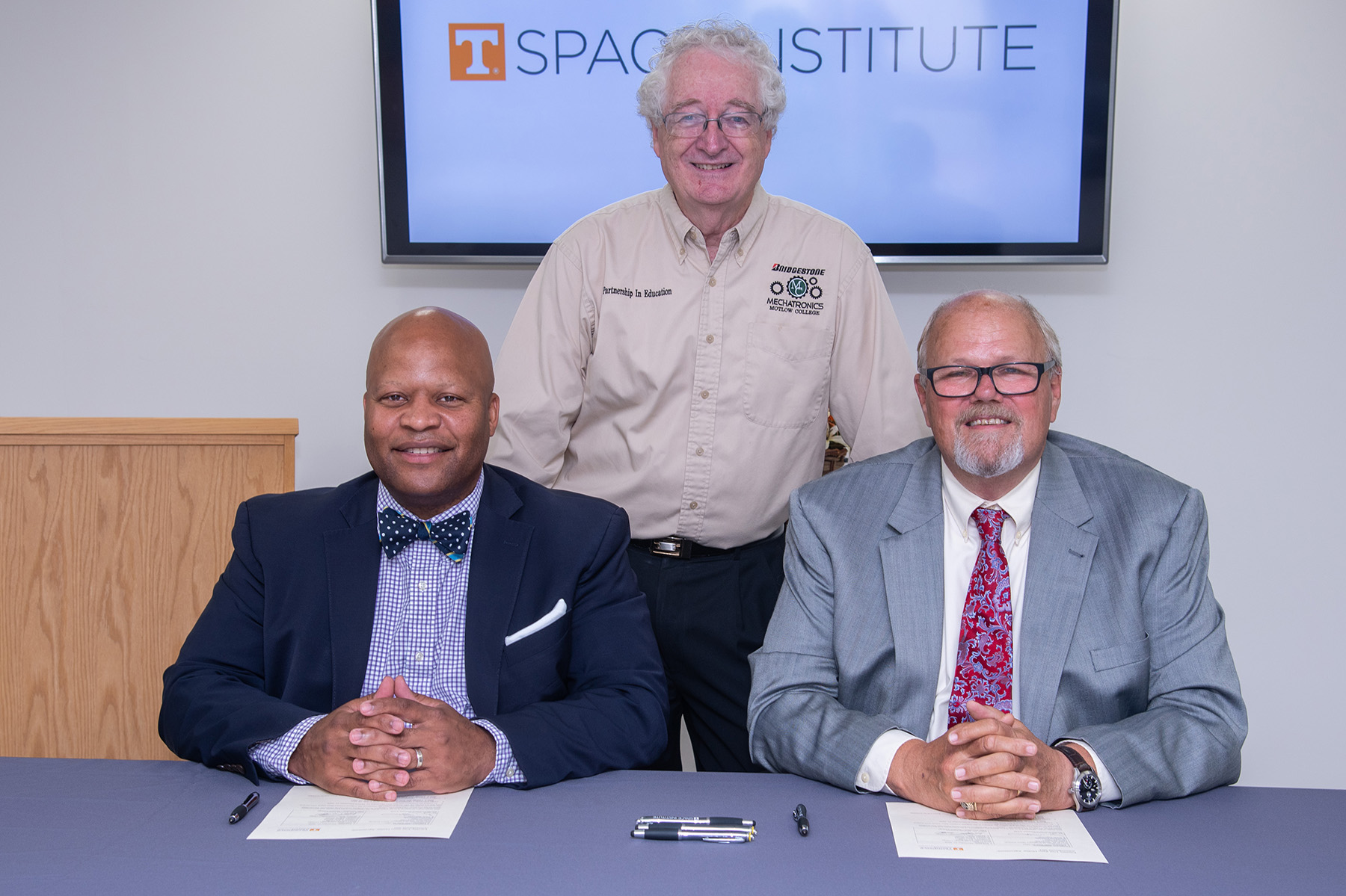From left to right: Motlow President Dr. Michael Torrence, Keith Hamilton, retired corporate manager of Bridgestone North America, and UTSI Interim Executive Director James Simonton.